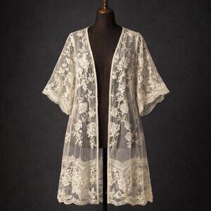 Dizzy Lizzy Womens Medium White Lace Duster Coastal Cowgirl Boho Chic Festival